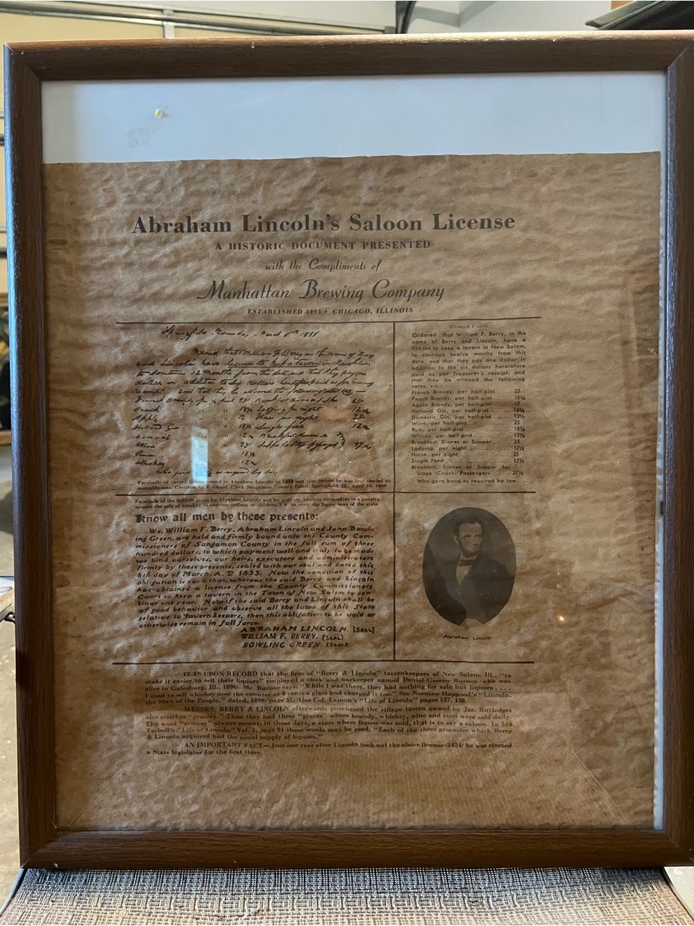 Framed 'Abraham Lincoln's Saloon License' Print in Brown Frame